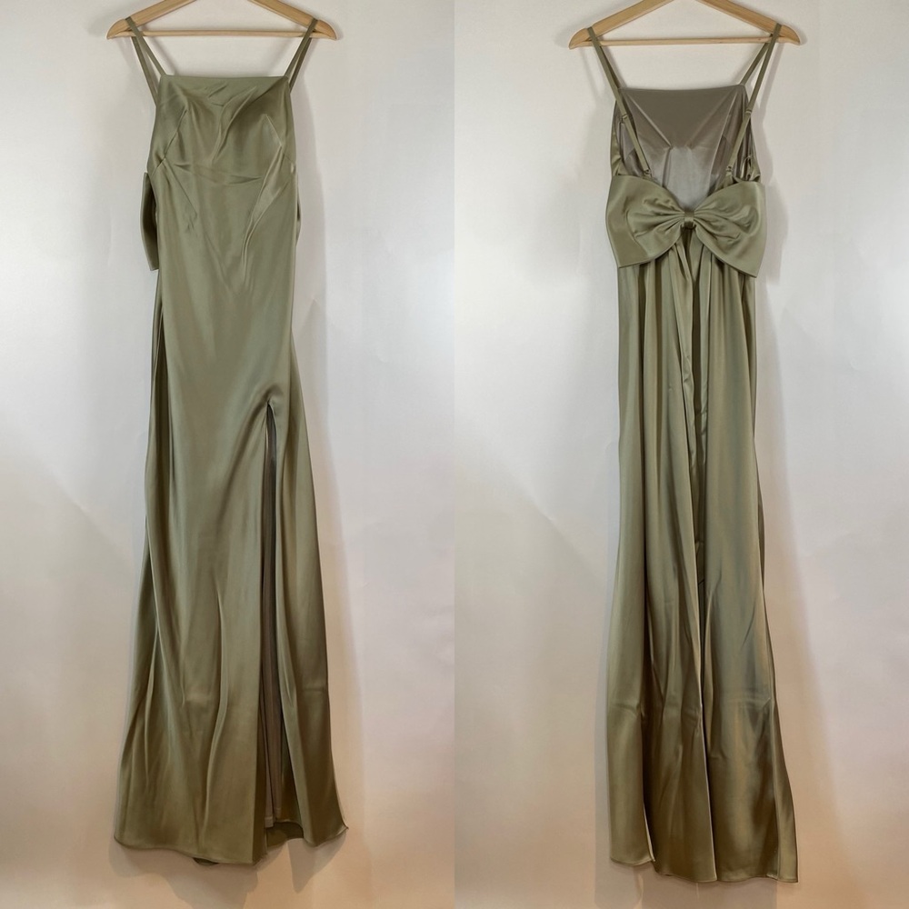Revelry Steph Silver Sage Satin Front Slit Bow Back Long Dress Size 0 Prom Party - Picture 3 of 13